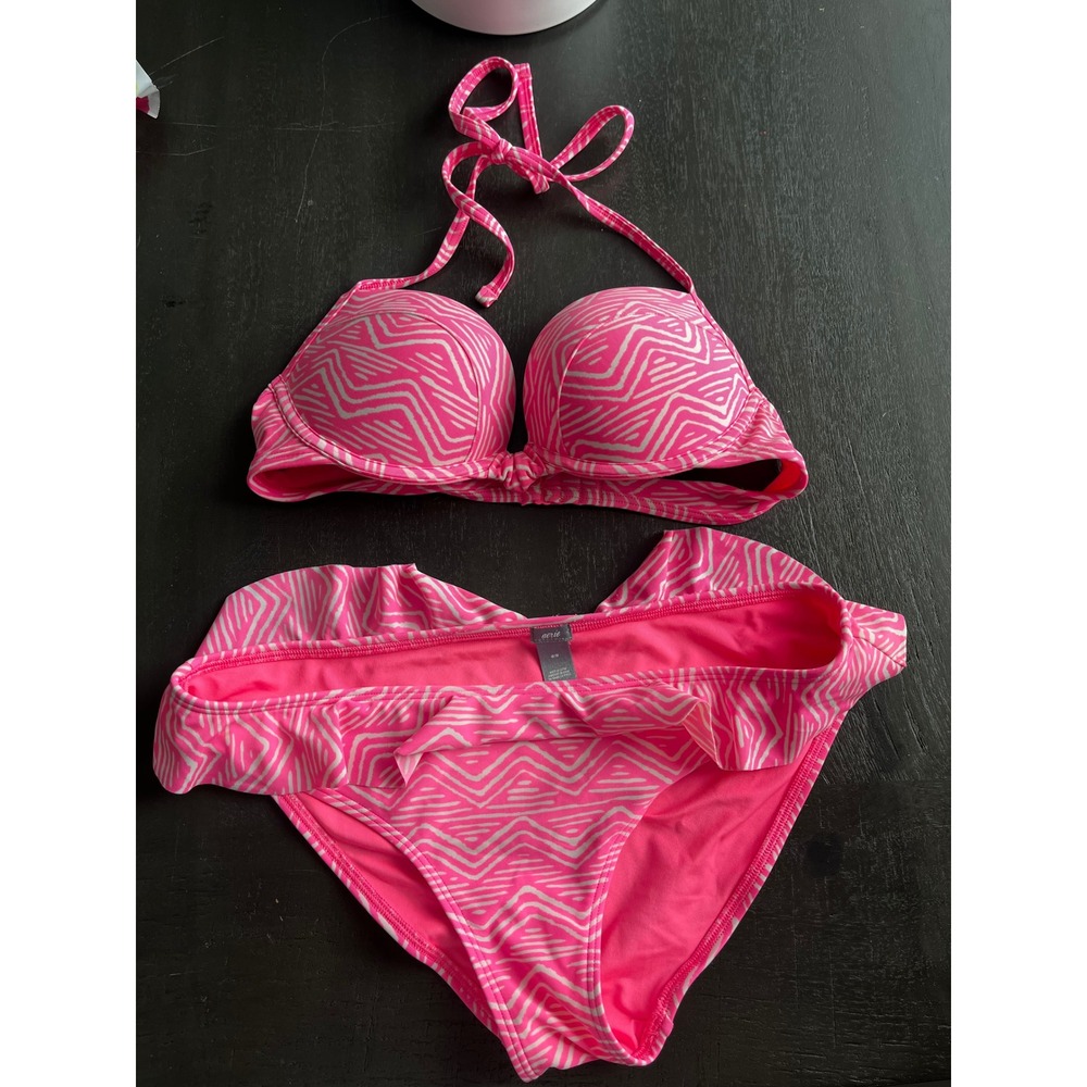 Aerie Pink White Chevron Push Up Halter Bikini Set 34B Medium Ruffle Bottoms